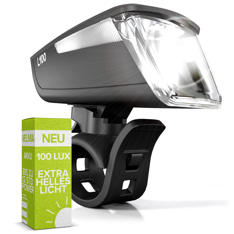 VELMIA 100 Lux Fahrradlicht Vorne StVZO zugelassen mit besonders starker Ausleuchtung und 8,5h Leuchtdauer